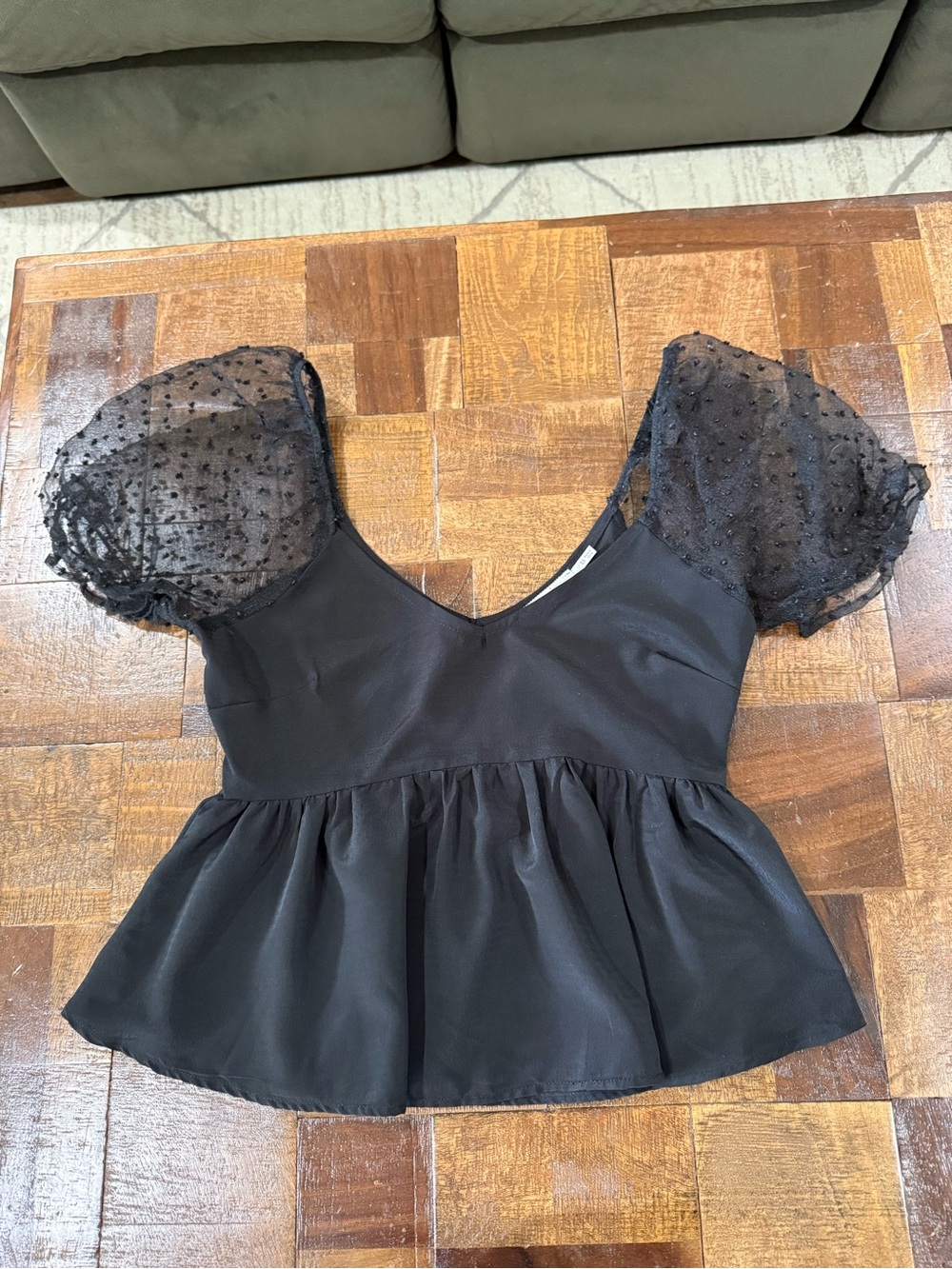 miami Black Sheer Dot Puff-Sleeve Peplum Blouse